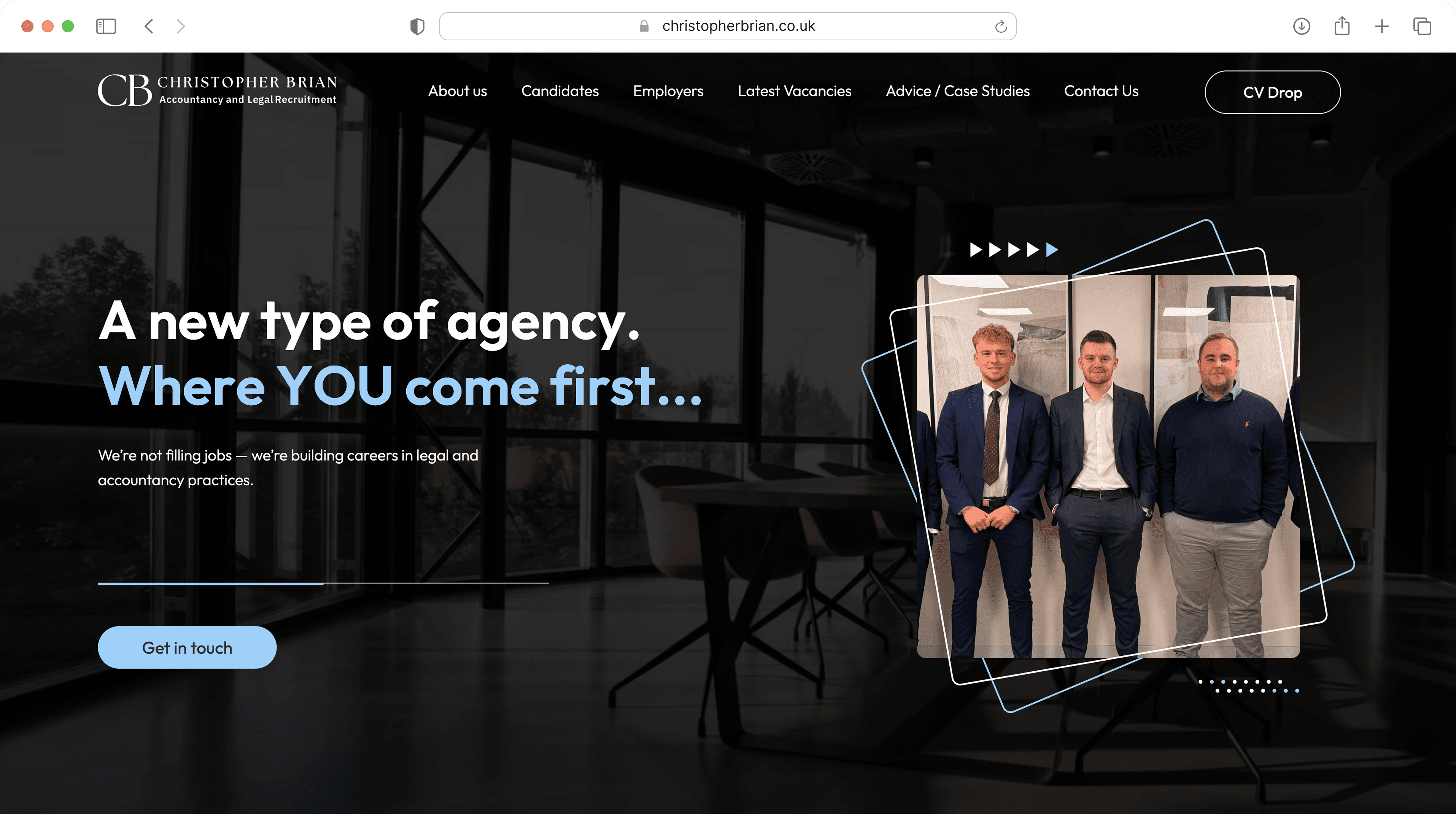 Homepage screenshot of Christopher Brian website: "A new type of agency. Where YOU come first."